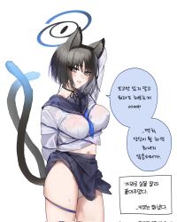 Rule 34 | 1girl, animal ears, black eyes, black hair, blue archive, blush, breasts, halo, kikyou (blue archive), large breasts, multiple tails, navel, rodeong r, school uniform, skirt, smile, speech bubble, sweat, tail, teeth, tied up (nonsexual), translation request, wet, wet clothes, white background