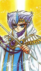 Rule 34 | 1990s (style), 1boy, bishounen, blue eyes, circlet, clamp, clef, clef (rayearth), cloak, gem, magic knight rayearth, male focus, official art, retro artstyle, rod, scan, silver hair, solo