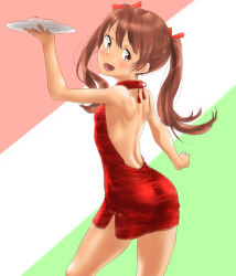 Rule 34 | 1girl, ass, breasts, brown hair, cake, dark-skinned female, dark skin, dress, food, hair ornament, highres, italian flag, kantai collection, libeccio (kancolle), long hair, looking at viewer, plate, red dress, short dress, small breasts, solo, tama (tamago), twintails