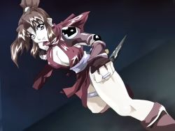 Rule 34 | angel blade, bare legs, bare shoulders, breasts, brown hair, cleavage, earrings, fighting stance, floating hair, fudo ayame, game cg, high ponytail, japanese clothes, jewelry, kunai, kunoichi, large breasts, lips, long hair, looking at viewer, ninja, nipples, oobari masami, ponytail, production, scarf, solo, weapon