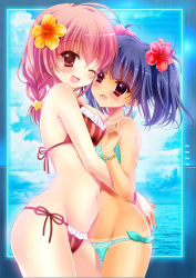Rule 34 | 2girls, bare arms, bikini, blue hair, blush, bracelet, braid, brown eyes, cowboy shot, day, flower, frilled bikini, frills, from side, hair between eyes, hair flower, hair ornament, hibiscus, highres, hug, ichi rin, jewelry, looking at another, looking at viewer, multiple girls, navel, one eye closed, open mouth, original, pink hair, red eyes, shiny skin, short hair, side-tie bikini bottom, skindentation, sky, smile, striped bikini, striped clothes, swimsuit, tan, tanline, twin braids, twintails