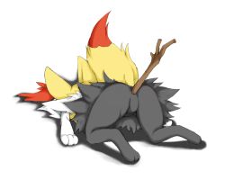 Rule 34 | 10s, anal, anal object insertion, animal ear fluff, bad id, bad pixiv id, braixen, creatures (company), furry, game freak, gen 6 pokemon, nintendo, object insertion, pokemon, pokemon (creature), pokemon xy, ruishin, sex toy, solo, stick, tail, top-down bottom-up