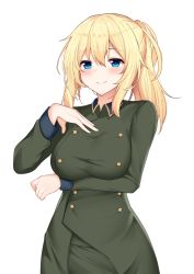 Rule 34 | 1girl, arm under breasts, blue eyes, blush, breast hold, breasts, closed mouth, collared dress, commentary request, dress, green dress, hair between eyes, hand up, highres, kurigura (sketch san), large breasts, long hair, long sleeves, looking at viewer, military, military uniform, original, ponytail, sidelocks, simple background, smile, solo, uniform, white background
