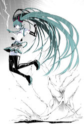 Rule 34 | 1girl, comipa, female focus, full body, gradient background, grey background, hatsune miku, highres, long hair, skirt, solo, twintails, vocaloid