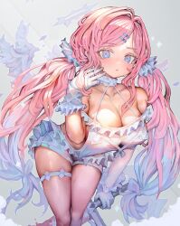 Rule 34 | 1girl, bare legs, blue eyes, breasts, cleavage, expressionless, frills, gloves, hair ornament, hairclip, hand up, holding, holding sword, holding weapon, large breasts, long hair, looking at viewer, original, pink hair, shadow, shorts, solo, sword, thigh strap, twintails, very long hair, voruvoru, weapon, white gloves, white shorts