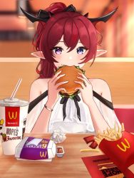 Rule 34 | 1girl, blue eyes, blush, bracelet, burger, cup, disposable cup, dress, eating, food, french fries, hair ribbon, heterochromia, holding, holding food, hololive, hololive english, horns, irys (hololive), jewelry, long hair, looking at viewer, multicolored hair, off-shoulder dress, off shoulder, pointy ears, purple eyes, purple hair, red hair, ribbon, sauce, sitting, solo, streaked hair, table, virtual youtuber
