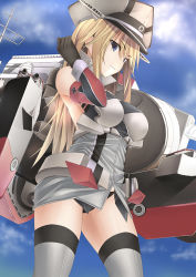 Rule 34 | 10s, 1girl, bare shoulders, bismarck (kancolle), black panties, blonde hair, blue eyes, breasts, cloud, detached sleeves, from side, gloves, grey thighhighs, hat, kantai collection, large breasts, long hair, looking at viewer, military, military hat, military uniform, multicolored clothes, multicolored legwear, neav, panties, personification, sky, solo, thighhighs, underwear, uniform