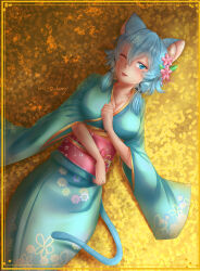Rule 34 | ;), absurdres, animal ear fluff, animal ears, arm across waist, blue eyes, blue hair, blue kimono, blush, border, breasts, cat ears, cat tail, cleavage, commentary, commission, english commentary, hair between eyes, highres, japanese clothes, kimono, leaf print, lips, lying, maple leaf print, medium breasts, obi, on back, one eye closed, open mouth, ornate border, rinku bny, sash, sidelocks, signature, sinon, smile, sword, sword art online, tail, tongue, weapon, weapon on back, wide sleeves