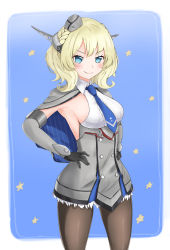 Rule 34 | 1girl, absurdres, armpits, black gloves, black pantyhose, blonde hair, blouse, blue background, blue eyes, blue necktie, braid, breasts, capelet, colorado (kancolle), commentary request, cowboy shot, doyagao, dress, elbow gloves, garrison cap, gloves, grey dress, hand on own hip, hat, headgear, highres, himenagi yuuki, kantai collection, large breasts, necktie, pantyhose, pleated dress, shirt, short hair, side braids, sideboob, sleeveless, smug, solo, standing, star (symbol), starry background, twin braids, white shirt