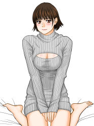 Rule 34 | 1girl, absurdres, barefoot, bed sheet, breasts, brown eyes, brown hair, cleavage, cleavage cutout, clothing cutout, grey sweater, hands on own thighs, highres, large breasts, light smile, looking at viewer, medium breasts, no pants, ohtanijiro, original, short hair, simple background, sitting, solo, striped clothes, striped sweater, sweater, toenails, vertical-striped sweater, wariza, white background