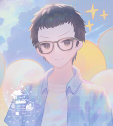 Rule 34 | 1boy, black hair, blue shirt, blue sky, closed mouth, cloud, glasses, highres, jen03426859, looking at viewer, male focus, original, outdoors, shirt, short hair, sky, smile, solo, sparkle, very short hair, white shirt