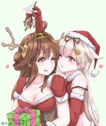Rule 34 | 10s, 2girls, ;d, ahoge, alternate costume, antlers, artist name, bare shoulders, blonde hair, blush, box, breasts, brown eyes, brown hair, christmas, cleavage, collarbone, couple, disco brando, elbow gloves, eye contact, female focus, fingerless gloves, gift, gift box, gloves, hair bun, hair flaps, hair ornament, hair ribbon, hairclip, hat, heart, holding, holding mistletoe, horns, kantai collection, kongou (kancolle), large breasts, long hair, looking at another, looking back, midriff, mistletoe, multiple girls, one eye closed, open mouth, red eyes, red gloves, ribbon, santa costume, santa hat, single hair bun, smile, strap slip, twitter username, upper body, wince, wink, yuri, yuudachi (kancolle)