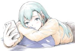 Rule 34 | animal-shaped pillow, aqua eyes, aqua hair, blush, earbuds, earphones, hair ornament, hairclip, highres, holding, holding phone, kantai collection, long hair, looking at phone, lying, on stomach, orca, phone, solo, suzuya (kancolle), sweater, vent arbre