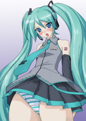 Rule 34 | 00s, 1girl, aqua hair, blue eyes, blush, detached sleeves, flat chest, gradient background, hatsune miku, long hair, necktie, okiyumi kase, panties, pantyshot, simple background, solo, striped clothes, striped panties, tears, twintails, underwear, vocaloid