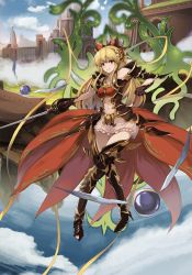 Rule 34 | 10s, 1girl, absurdres, armor, armored boots, blonde hair, boots, eruthika, flying, granblue fantasy, high heels, highres, long hair, midriff, navel, red eyes, solo, sword, thigh boots, thighhighs, vira (granblue fantasy), weapon
