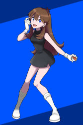 Rule 34 | 1girl, :d, ayan ip, bare arms, black dress, blue background, blue eyes, boots, brown hair, commentary, creatures (company), dress, earrings, full body, game freak, gloves, green (pokemon), hair between eyes, hand up, highres, holding, holding poke ball, jewelry, knees, long hair, nintendo, open mouth, poke ball, poke ball (basic), pokemon, pokemon adventures, short dress, sleeveless, sleeveless dress, smile, solo, symbol-only commentary, tongue, white footwear
