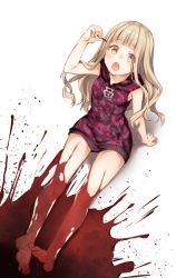 Rule 34 | 1girl, :d, barefoot, blonde hair, blood, blood on leg, blood splatter, feet, food, full body, hair between eyes, holding, holding food, legs, long hair, looking at viewer, on floor, open mouth, red riding hood (sinoalice), red shorts, shirt, shorts, simple background, sinoalice, sitting, sleeveless, sleeveless shirt, smile, solo, teroru, toes, white background, yellow eyes