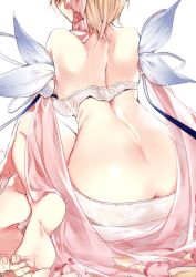 Rule 34 | 1girl, 218, ass, back, bare back, bare shoulders, bed sheet, bikini, blonde hair, bra, butt crack, character request, copyright request, duplicate, europa (granblue fantasy), europa (summer) (granblue fantasy), feet, from behind, looking back, short hair, simple background, soles, solo, swimsuit, underwear, white bikini, wings