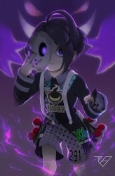 Rule 34 | 1boy, ahoge, allister (pokemon), black hair, collared shirt, creatures (company), game freak, gen 1 pokemon, gengar, gloves, gym leader, highres, holding, holding mask, knees, long sleeves, looking at viewer, male focus, mask, mole, mole under mouth, nintendo, parted lips, partially fingerless gloves, poke ball, poke ball (basic), pokemon, pokemon (creature), pokemon swsh, purple eyes, shirt, short hair, shorts, single glove, suspender shorts, suspenders, yugaminokuni