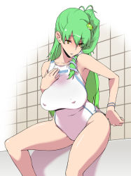 Rule 34 | 1girl, adjusting clothes, adjusting swimsuit, bathroom, blush, bracelet, breasts, competition swimsuit, female focus, frog, frog hair ornament, green hair, hair ornament, hair tubes, huge breasts, indoors, jewelry, kochiya sanae, large breasts, long hair, ogata mamimi, one-piece swimsuit, parted lips, side ponytail, sitting, snake, snake hair ornament, solo, sweatdrop, swimsuit, thighs, tiles, touhou, white one-piece swimsuit, yellow eyes