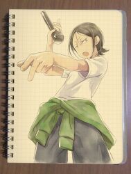 Rule 34 | 1boy, black hair, clothes around waist, green eyes, green jacket, hekicha, highres, holding, holding microphone, jacket, jacket around waist, kabe taijin, looking at viewer, male focus, microphone, open mouth, paripi koumei, rapping, shirt, short hair, solo, t-shirt, traditional media, white shirt