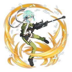 Rule 34 | 1girl, anti-materiel rifle, black gloves, black shorts, blue eyes, blue hair, bolt action, fingerless gloves, full body, gloves, green jacket, green leggings, gun, hair between eyes, hair ornament, hairclip, highres, holding, holding gun, holding weapon, jacket, leggings, long sleeves, looking at viewer, official art, parted lips, pgm hecate ii, rifle, scarf, short hair, short shorts, shorts, sinon, sniper rifle, solo, sword art online, sword art online: memory defrag, thigh strap, transparent background, weapon, white scarf