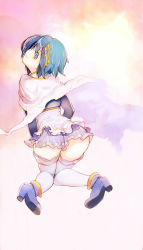 Rule 34 | 10s, 1girl, ass, bad id, bad pixiv id, blue eyes, blue hair, cape, fortissimo, frills, from behind, hair ornament, hairclip, high heels, highres, looking at viewer, looking back, mahou shoujo madoka magica, mahou shoujo madoka magica (anime), matching hair/eyes, miki sayaka, misada, musical note, musical note hair ornament, shoes, solo