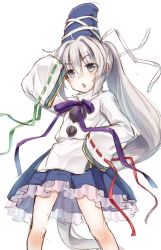Rule 34 | 1girl, absurdly long hair, blue skirt, grey eyes, grey hair, hair between eyes, hand on own hip, hat, highres, long hair, mononobe no futo, oborofu, open mouth, pom pom (clothes), ponytail, purple ribbon, ribbon, ribbon-trimmed sleeves, ribbon trim, simple background, skirt, sleeves past wrists, solo, standing, tate eboshi, touhou, very long hair, white background