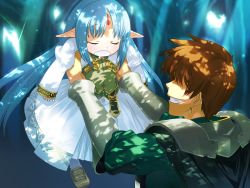 Rule 34 | 1boy, 1girl, armor, blue hair, brown hair, child, dappled sunlight, dress, elf, father and daughter, forehead jewel, game cg, kalar (rance), lifting person, long hair, orion (orionproject), pointy ears, rance, rance (series), rance quest, reset kalar, sleeping, sunlight, tree shade
