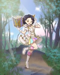 Rule 34 | 1girl, absurdres, aoki ume (style), bird, black hair, blush, book, braid, breasts, brown eyes, collar, commission, commissioner upload, cosplay, dress, forest, fururu (tales), gem, gloves, grass, hair ornament, high heels, highres, holding, holding book, idolmaster, jewelry, kiddysa, light rays, multicolored clothes, multicolored dress, nature, navel, necklace, non-web source, official alternate costume, open book, open mouth, owl, pet, ribbon, rinwell (tales), short hair, single braid, small breasts, smile, solo, standing, standing on one leg, tales of (series), tales of arise, tree, waving, white footwear, white gloves, yellow ribbon
