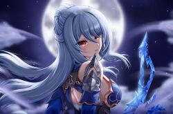 Rule 34 | 1girl, back, bare shoulders, blurry, blurry background, closed mouth, expressionless, full moon, high ponytail, highres, honkai: star rail, honkai (series), jingliu (honkai: star rail), long hair, looking at viewer, moon, night, red eyes, sword, tyrzul, weapon, white hair
