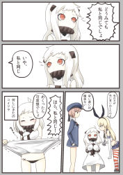 Rule 34 | 10s, 3girls, abyssal ship, ahoge, assisted exposure, black panties, blonde hair, blush, clothes lift, comic, crying, dress, dress lift, elbow gloves, embarrassed, flying sweatdrops, gloves, hairband, horns, kantai collection, ken (akaiken), long hair, mittens, multiple girls, nina (akaiken), northern ocean princess, panties, red eyes, shimakaze (kancolle), side-tie panties, striped clothes, striped legwear, striped thighhighs, tears, thighhighs, translation request, underwear, upskirt, white hair, z3 max schultz (kancolle)