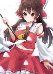 Rule 34 | 1girl, absurdres, aftamc, bow, brown eyes, brown hair, cherry blossoms, closed mouth, collarbone, detached sleeves, floating hair, frilled bow, frilled hair tubes, frills, hair between eyes, hair bow, hair tubes, hakurei reimu, highres, holding, holding wand, layered skirt, long hair, long sleeves, midriff, navel, red bow, red ribbon, red shirt, red skirt, ribbon, ribbon-trimmed sleeves, ribbon trim, shirt, sidelocks, skirt, sleeveless, sleeveless shirt, smile, solo, stomach, touhou, very long hair, wand, white background, white sleeves, wide sleeves, yellow neckwear