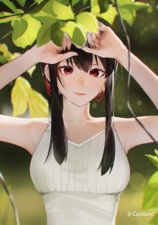 Rule 34 | 1girl, absurdres, armpits, arms up, artist name, bare shoulders, black hair, blurry, blurry foreground, collarbone, earrings, hair ornament, highres, jewelry, leaf, lips, long hair, looking at viewer, lufi ays, photo-referenced, red eyes, sleeveless, solo, spy x family, yor briar