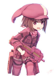 Rule 34 | 1girl, bandana, brown hair, bullpup, commentary request, cowboy shot, dated, female focus, gloves, gun, hat, highres, holding, holding gun, holding weapon, j.h j.h, llenn (sao), long sleeves, looking to the side, open mouth, p-chan (p90), p-chan (sao), p90, personal defense weapon, pink bandana, pink eyes, pink gloves, pink hat, pink neckwear, short hair, signature, simple background, solo, standing, submachine gun, sword art online, sword art online alternative: gun gale online, tareme, uniform, weapon, white background