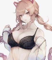 Rule 34 | 1girl, black bra, blush, bra, breasts, cleavage, clothes pull, collarbone, headgear, highres, large breasts, last origin, looking at viewer, miho (last origin), nemuneeeeeeeemu, open clothes, open shirt, pink eyes, pink hair, shirt, shirt pull, simple background, sleeves past wrists, solo, twintails, underwear, upper body, white background, white shirt