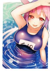 Rule 34 | 1girl, blue hair, blue one-piece swimsuit, breasts, collarbone, from above, hair ribbon, highres, i-19 (kancolle), kantai collection, katsuten, large breasts, long hair, name tag, one-piece swimsuit, partially submerged, red eyes, ribbon, school swimsuit, solo, star-shaped pupils, star (symbol), swimsuit, symbol-shaped pupils, tri tails