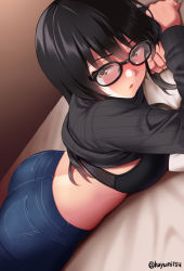 Rule 34 | 1girl, ass, black-framed eyewear, black bra, black hair, blush, bra, breasts, brown eyes, clothes lift, commentary request, denim, glasses, huyumitsu, indoors, jeans, large breasts, long hair, long sleeves, looking at viewer, lying, on bed, on stomach, open mouth, original, pants, sideboob, solo, steam, sweat, sweater, sweater lift, underwear