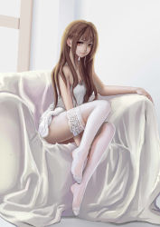 Rule 34 | 1girl, armchair, between legs, brown hair, chair, closed mouth, collarbone, earrings, full body, hand between legs, highres, jewelry, lace, lace-trimmed legwear, lace trim, long hair, looking to the side, nightgown, orange eyes, pinup (style), plantar flexion, shiraha (pixiv10239953), sitting, smile, solo, thighhighs, white thighhighs