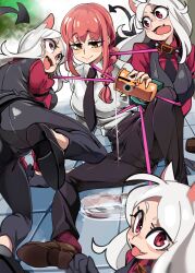 Rule 34 | 4girls, absurdres, animal ears, black necktie, black pants, black vest, bongfill, braid, braided ponytail, cerberus (helltaker), chainsaw man, collared shirt, demon tail, dog ears, fangs, hair over shoulder, helltaker, highres, holding, holding leash, leash, long hair, looking at another, looking at viewer, looking down, matching outfits, medium hair, multiple girls, necktie, open mouth, pants, pochita (chainsaw man), pouring, red eyes, red hair, red shirt, ringed eyes, shared sense, shirt, shirt tucked in, smile, tail, tongue, tongue out, triplets, vest, waistcoat, white hair, white shirt, yellow eyes