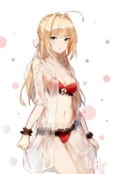 Rule 34 | 10s, 1girl, aiko (kanl), artist name, bad id, bad pixiv id, bikini, blonde hair, blush, bow, braid, breasts, closed mouth, collarbone, cowboy shot, dress, fate/extra, fate (series), french braid, frills, gown, green eyes, hair bow, hair intakes, heart, highres, long hair, looking at viewer, medium breasts, navel, nero claudius (fate), nero claudius (fate) (all), nero claudius (swimsuit caster) (fate), red bikini, scrunchie, see-through, sidelocks, signature, smile, solo, swimsuit, thighs, white bow, wrist scrunchie