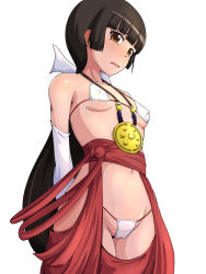 Rule 34 | 10s, 1girl, adapted costume, amayadori machi, arms behind back, bad id, bad pixiv id, black hair, blunt bangs, breasts, brown eyes, cameltoe, covered erect nipples, detached sleeves, hime cut, japanese clothes, jewelry, kumamiko, long hair, looking at viewer, low ponytail, miko, necklace, ocza, open mouth, panties, ponytail, revealing clothes, simple background, small breasts, solo, string panties, underboob, underwear, very long hair, white background