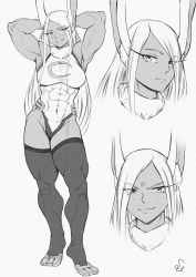 Rule 34 | 1girl, abs, absurdres, animal ear fluff, animal ears, armpits, arms behind head, arms up, biceps, boku no hero academia, breasts, crescent print, dark-skinned female, dark skin, expressionless, facing viewer, forehead, fur-trimmed collar, fur trim, greyscale, grin, groin, heattech leotard, highres, impossible clothes, impossible leotard, leotard, long eyelashes, long hair, looking at viewer, medium breasts, mirko, monochrome, multiple views, muscular, muscular female, navel, outline, parted bangs, rabbit ears, sidelocks, sideways glance, signature, simple background, sketch, skin tight, smile, smirk, solo, speedl00ver, standing, taut leotard, thick thighs, thighhighs, thighs, turtleneck, very long hair, white background