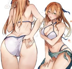 Rule 34 | 1girl, absurdres, adjusting clothes, adjusting swimsuit, arm under breasts, ass, back, bikini, blue ribbon, blush, breasts, cleavage, flying sweatdrops, from behind, girls&#039; frontline, green eyes, hair between eyes, hand on own thigh, highres, kyoyakyo, large breasts, long hair, multiple views, navel, official alternate costume, ribbon, sarong, spoken blush, springfield (girls&#039; frontline), springfield (stirring mermaid) (girls&#039; frontline), swimsuit, wardrobe malfunction, white background, white bikini