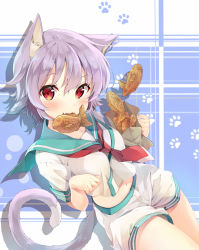Rule 34 | 10s, 1girl, ahoge, animal ears, bag, blush, cat ears, cat tail, eating, fang, food, highres, kakao rantan, kantai collection, mouth hold, navel, paw pose, purple hair, red eyes, sailor collar, short hair, shorts, smile, solo, striped, striped background, tail, taiyaki, tama (kancolle), wagashi