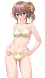 Rule 34 | 1girl, adjusting clothes, bare arms, bare shoulders, bikini, blue eyes, blush, breasts, cleavage, closed mouth, collarbone, cowboy shot, flower, front-tie bikini top, front-tie top, gluteal fold, hair between eyes, hair flower, hair ornament, hand on own hip, highres, hololive, lemon print, looking at viewer, natsuiro matsuri, natsuiro matsuri (summer 2020), navel, paid reward available, pemoyashi (tianoblue), print bikini, ribbon, short hair, short ponytail, side ponytail, sidelocks, simple background, small breasts, smile, solo, stomach, sunflower, sunflower hair ornament, swimsuit, virtual youtuber, white background, white bikini, white ribbon