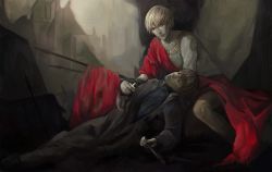 Rule 34 | 2boys, bad id, bad pixiv id, blonde hair, brown hair, cross, dagger, fate/zero, fate (series), felice, gilgamesh (fate), holding, holding cross, jewelry, knife, kotomine kirei, male focus, multiple boys, necklace, realistic, red eyes, weapon