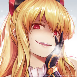 Rule 34 | 10s, 1girl, artist name, black bow, blonde hair, blush, bow, breath, female focus, granblue fantasy, hair bow, hand on own cheek, hand on own face, heart, heart-shaped pupils, heavy breathing, kengzeta, kingzeta, long hair, looking at viewer, neck, open mouth, parted lips, ponytail, portrait, red eyes, sidelocks, smile, solo, sweat, symbol-shaped pupils, vira (granblue fantasy), watermark, web address, yandere