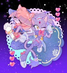 Rule 34 | 2girls, 3mia hadi3, alternate costume, amy rose, animal ears, animal nose, arm up, artist name, blaze the cat, blue dress, blue headwear, blush, body fur, bow, bowtie, cat ears, cat girl, cat tail, clenched hand, closed eyes, closed mouth, colored tips, constellation, dress, earrings, elbow gloves, fang, female focus, flat chest, forehead jewel, frilled dress, frilled gloves, frilled sleeves, frills, furry, furry female, gem, gloves, gradient background, hair tie, hand up, happy, hat, heart, heart necklace, interlocked fingers, jewelry, kneeling, knees together feet apart, leg up, long dress, looking at viewer, magical girl, multicolored hair, multiple girls, necklace, open mouth, outline, outstretched arm, own hands together, panties, pink fur, pink hair, ponytail, praying, puffy short sleeves, puffy sleeves, purple background, purple dress, purple fur, purple hair, purple outline, purple thighhighs, red bow, red bowtie, red gemstone, see-through, shoes, short dress, short hair, short sleeves, signature, sleeveless, sleeveless dress, smile, sonic (series), sparkle, standing, standing on one leg, tail, tail garter, thighhighs, two-tone fur, two-tone hair, u u, underwear, veil, white footwear, white gloves, white panties, yellow eyes, yellow outline