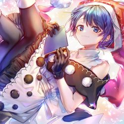 Rule 34 | 1girl, black capelet, black gloves, black pants, black pantyhose, blue eyes, blue hair, blush, book, bow, capelet, closed mouth, commentary, diffraction spikes, doremy sweet, dress, feet out of frame, frilled dress, frills, gloves, hands up, hat, here (hr rz ggg), highres, holding, holding book, legs up, looking at viewer, nightcap, pants, pantyhose, pom pom (clothes), rainbow gradient, red hat, sash, short hair, sidelocks, sleeveless, sleeveless dress, smug, solo, sparkle, tail, tapir tail, touhou, wavy mouth, white bow, white dress, white sash